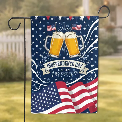 Clinking Beer Glasses American Flag - USA 250th Anniversary Independence Day Garden Flag