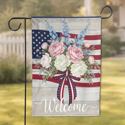 Peony Delphinium American Flag Welcome - Independence Day Home Decor Gift Garden Flag