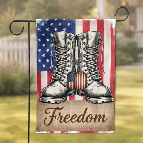 Combat Boots Dog Tags American Flag Freedom - Independence Day Gift for Veterans Garden Flag