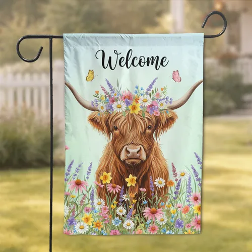 Welcome Highland Cow Wildflowers - Farmhouse Home Decor for Cow Lover Garden Flag