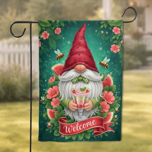 Garden Gnome Watermelon Treat Welcome Banner - Home Decor Gift for Garden Lovers Garden Flag