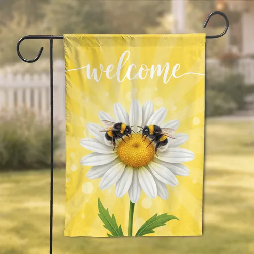 White Daisy Fuzzy Bumblebee Handwritten Welcome Sun-Drenched Home Decor Gift Garden Flag