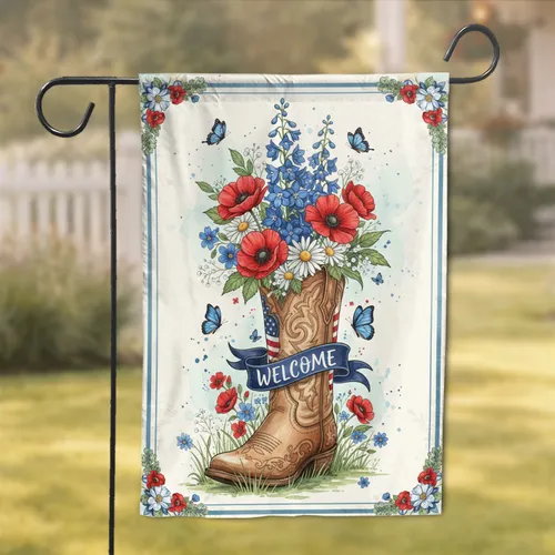 Cowboy Boot Welcome American Flag Flowers - Patriotic Home Decor Gift Garden Flag