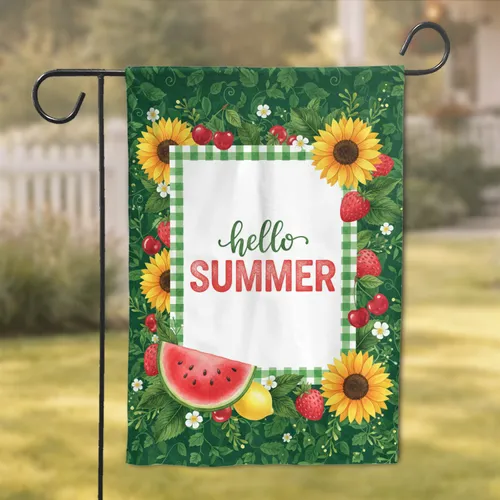 'hello SUMMER' Gingham Frame Strawberries Sunflowers Watermelon Lemon - Summer Welcome Decor Garden Flag