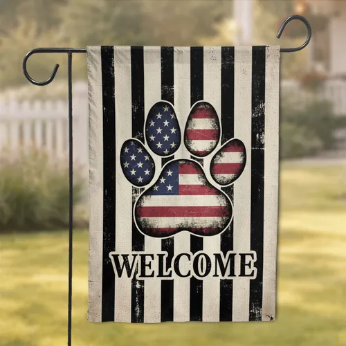 Rustic Welcome Paw Print Distressed American Flag Patriotic Home Decor Gift Garden Flag