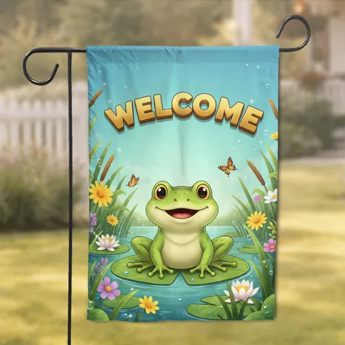 Cheerful Frog Welcome Lily Pad Pond - Home Decor Gift for Frog Lover Garden Flag