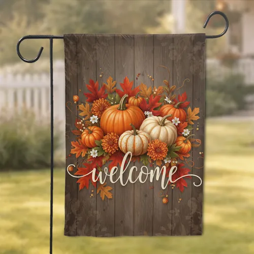Welcome Pumpkins Gourds Autumn Foliage Rustic Wood - Farmhouse Fall Decor Garden Flag