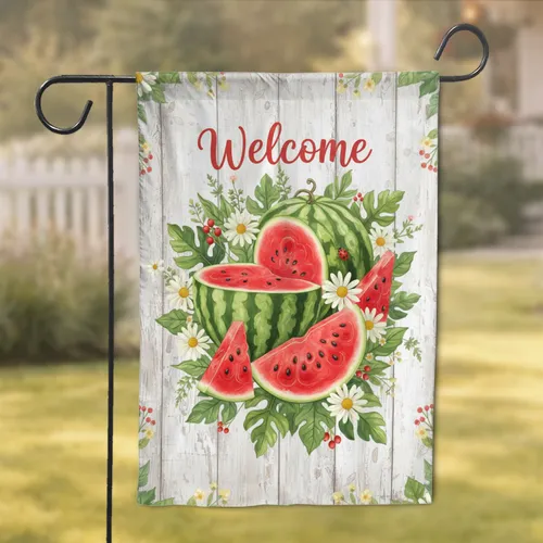 Watermelon Daisy Ladybug Welcome Sign Distressed Wood Plank - Everyday Home Decor Garden Flag