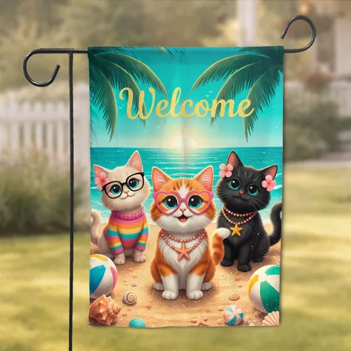 Welcome Cats Tropical Beach House Decor - Summer Home Gift for Cat Lover Garden Flag