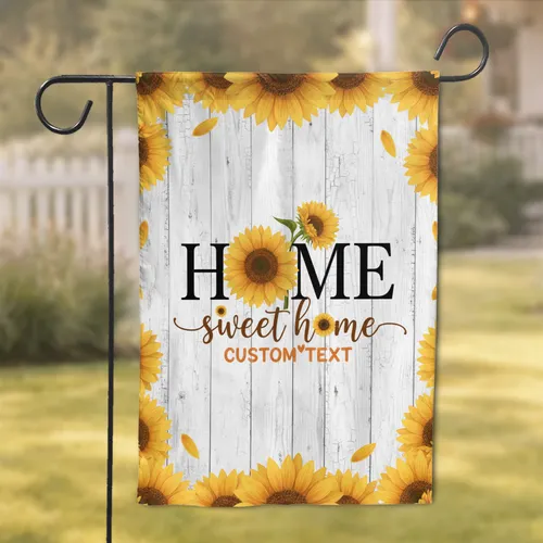 Sunflower HOME Sweet Home Custom Text Heart - Rustic Farmhouse Wood Home Decor Gift Garden Flag