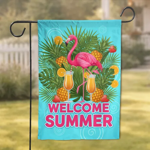 Hot Pink Flamingo Tropical Cocktails Welcome Summer - Pool Party Decor Garden Flag