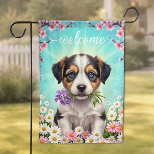 Tri-Color Puppy Purple Flowers Welcome - Spring Home Decor Gift for Dog Lover Garden Flag