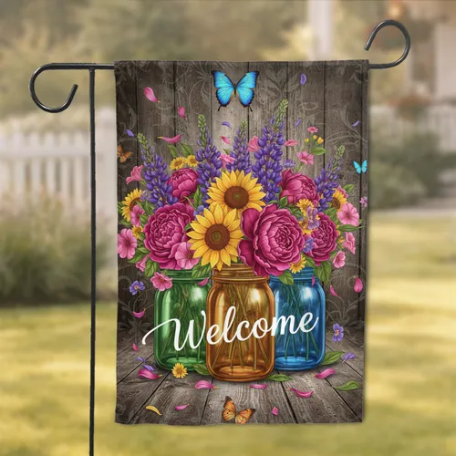 Welcome Mason Jars Summer Flowers Butterflies Rustic Wood - Farmhouse Home Decor Gift Garden Flag