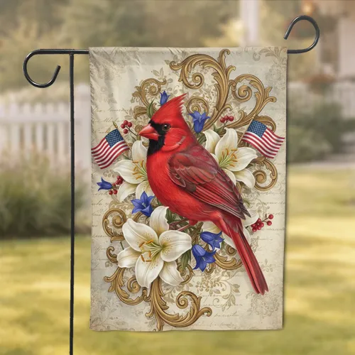 Scarlet Cardinal American Flags Lilies - Patriotic Wildlife Home Decor Gift Garden Flag