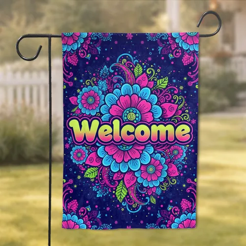 Welcome Glowing Flowers Paisley Swirls Psychedelic Full Canvas - Home Decor Gift Garden Flag