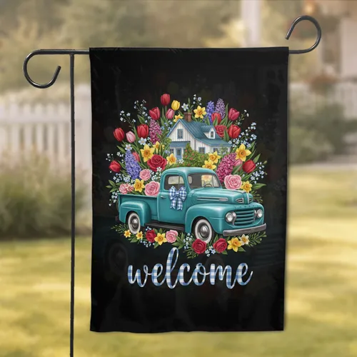 Vintage Pickup Truck Spring Flowers Welcome Farmhouse Home Decor Garden Flag