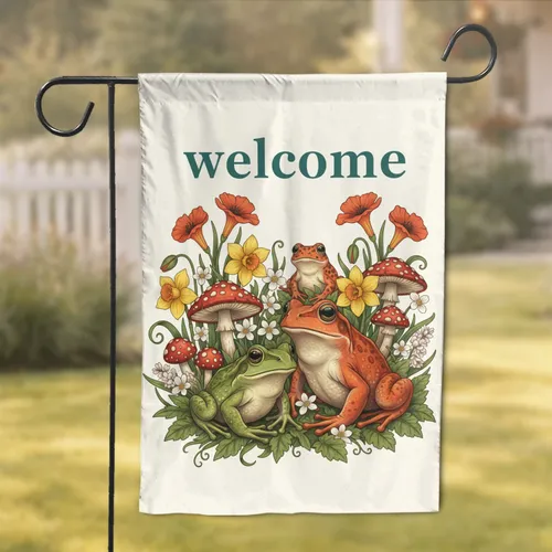 Welcome Frogs Toadstools Daffodils Poppies - Home Decor Gift for Garden Lover Garden Flag
