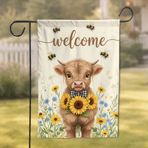 Baby Highland Cow Sunflower Welcome - Farmhouse Decor Gift for Cow Lover Garden Flag