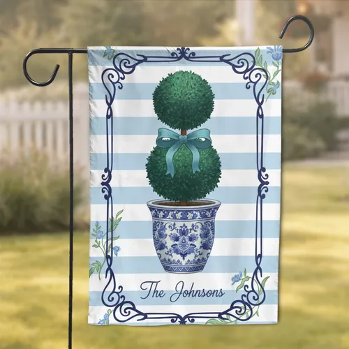 Stacked Topiary Chinoiserie Pot Custom Name Script Home Decor Gift for Family Garden Flag
