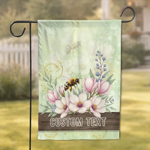 Custom Name Honeybee Magnolia Eucalyptus Flowers Rustic Wood Banner - Home Decor Gift for Bee Lover Garden Flag