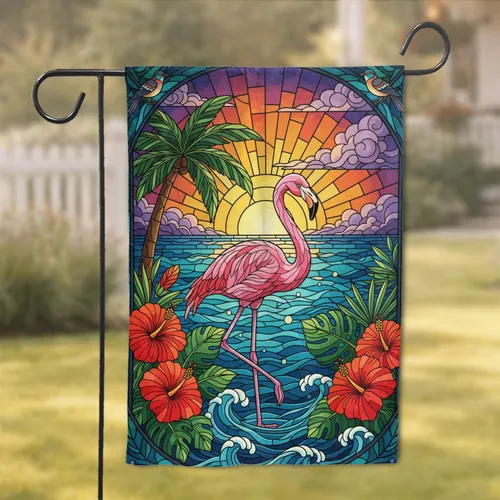 Pink Flamingo Tropical Sunset Hibiscus Stained Glass - Home Decor Gift Garden Flag