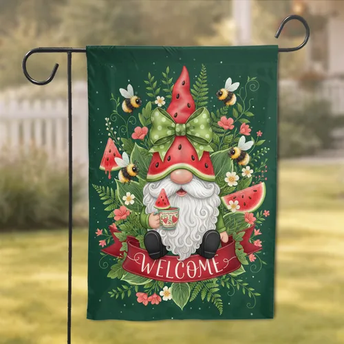 Watermelon Gnome Welcome Sign Bumblebees Wildflowers - Lush Garden Home Decor Gift for Gnome Lover Garden Flag