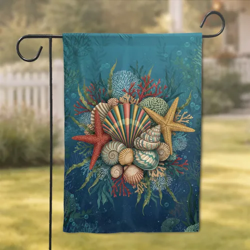 Seashell Starfish Coral Ocean Scene - Coastal Home Decor Gift for Ocean Lover Garden Flag