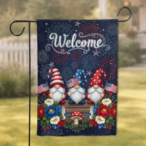 Patriotic Gnomes American Flag Welcome - Independence Day Home Decor Gift Garden Flag