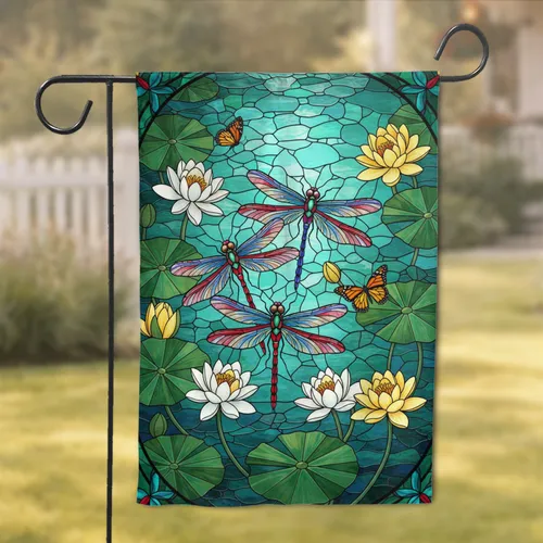 Dragonfly Cluster Water Lily Monarch Stained Glass Tranquil Water Mosaic - Home Decor Gift Garden Flag