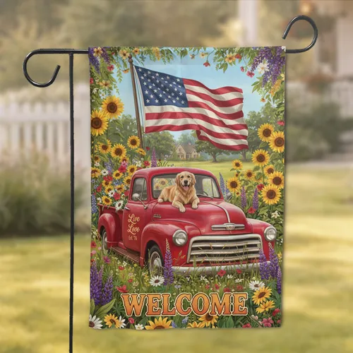 Golden Retriever Red Truck Wildflowers American Flag Welcome - Independence Day Home Decor Garden Flag