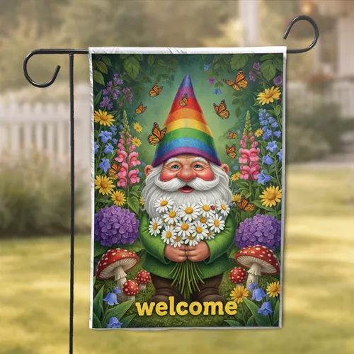 Rainbow Hat Garden Gnome Welcome - Home Decor Gift for Garden Lover Garden Flag