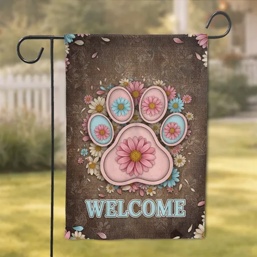 Floral Paw Print Daisy Welcome Rustic Burlap - Garden Decor Gift Garden Flag