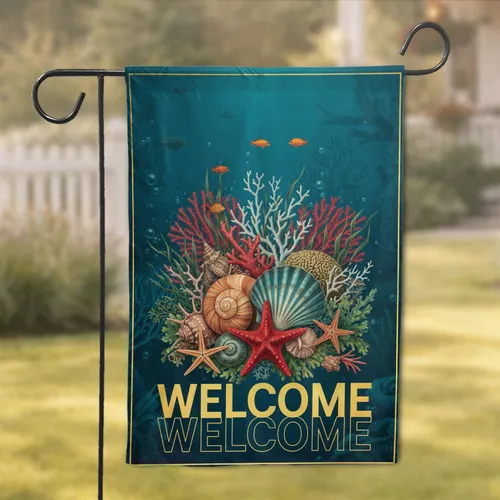 Conch Scallop Starfish Coral Tropical Fish Welcome Marine Life - Coastal Home Decor Gift Garden Flag