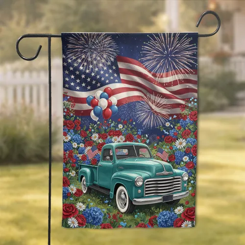 Vintage Teal Pickup Truck American Flag Fireworks Floral Independence Day Celebration Garden Flag