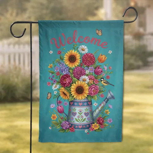 Welcome Hearts Watering Can Sunflowers Dahlias Garden Bird - Home Decor Gift Garden Flag