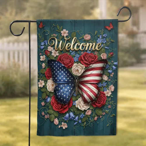 Welcome Butterfly American Flag Floral Garden - Home Decor Gift for Flag Lovers Garden Flag