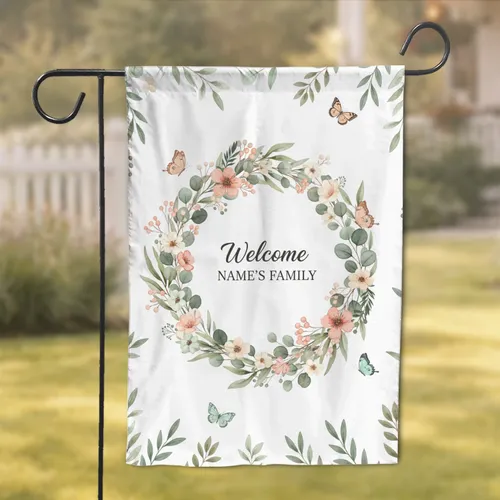 Welcome Custom Family Name Floral Foliage Butterfly Wreath - Everyday Home Decor Gift Garden Flag