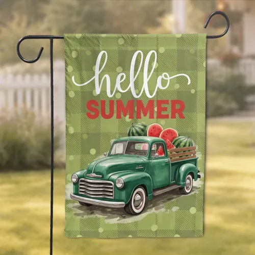 Vintage Emerald Green Truck Watermelons Hello Summer - Summer Decor Gift Garden Flag