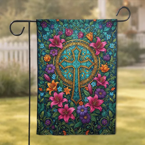 Christian Cross Stained Glass Floral Mandala - Spiritual Home Decor Gift Garden Flag