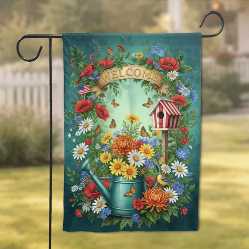 Welcome Garden Watering Can Birdhouse American Flag - Home Decor Gift for Garden Lover Garden Flag
