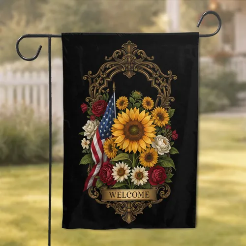 Golden Sunflowers American Flag Welcome Banner - Patriotic Home Decor Gift Garden Flag
