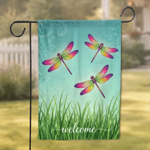 Dragonflies Welcome Script Green Grass - Home Decor Gift Garden Flag