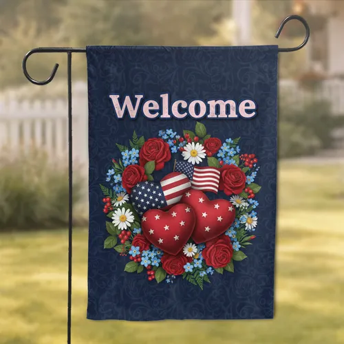 Welcome Text American Flag Hearts Floral Wreath - Everyday Patriotic Home Decor Garden Flag