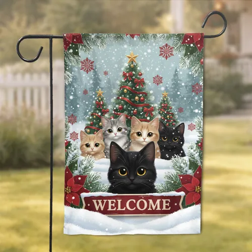 Black Cat Poinsettia Snowflake Welcome Banner - Christmas Home Decor Cat Lover Gift Garden Flag