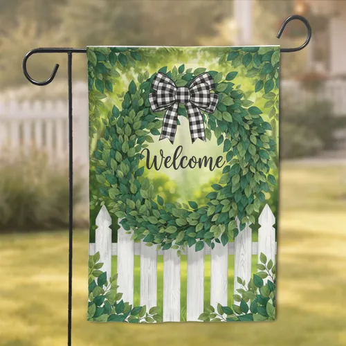Welcome Green Wreath Buffalo Plaid Bow Picket Fence - Farmhouse Home Decor Garden Flag