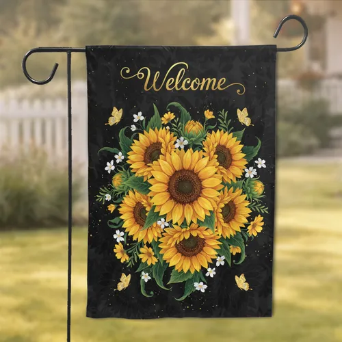 Welcome Sunflowers Golden Butterflies Deep Green Foliage on Charcoal - Housewarming Gift Garden Flag