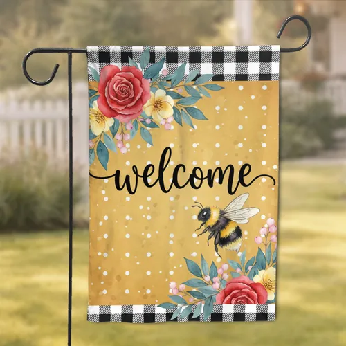 Bumblebee Welcome Lush Florals Buffalo Plaid Polka Dots - Home Decor Gift Garden Flag