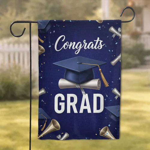 Congrats GRAD Graduation Caps Diplomas Horns - Celebration Gift for Graduates Garden Flag