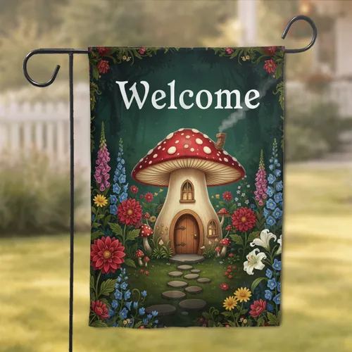 Welcome Mushroom House Wildflower Garden - Verdant Woodland Home Decor Gift Garden Flag