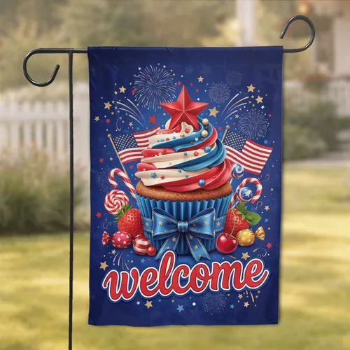 Welcome Patriotic Cupcake American Flag - Independence Day Home Decor Gift Garden Flag